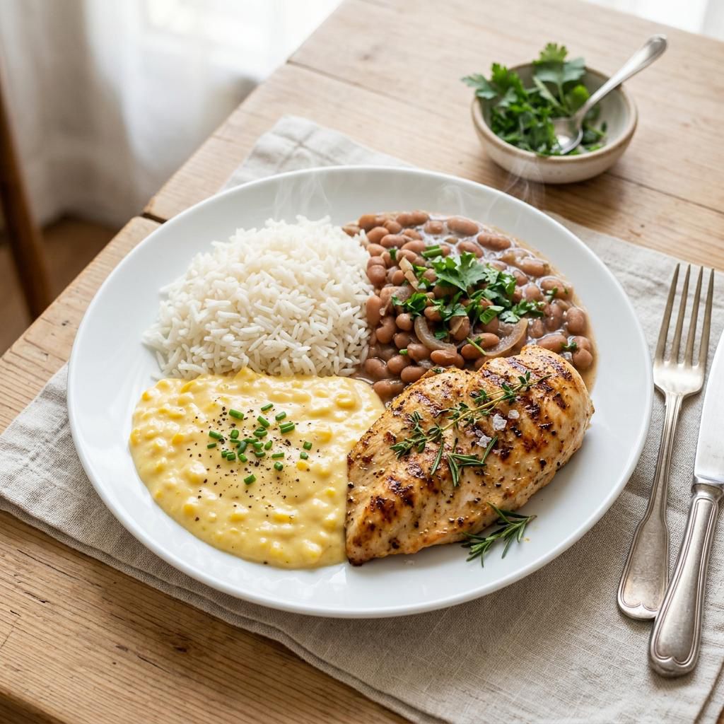 Marmita de filé de frango grelhado com arroz, feijão e creme de milho