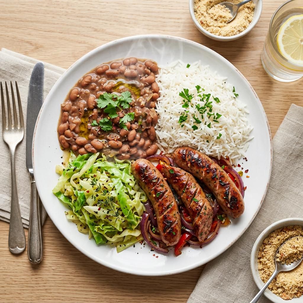 Marmita de linguiça toscana com arroz, feijão e repolho refogado