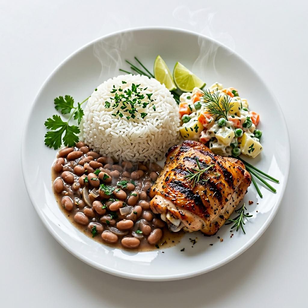 Marmita de sobrecoxa assada com arroz, feijão e salada de maionese