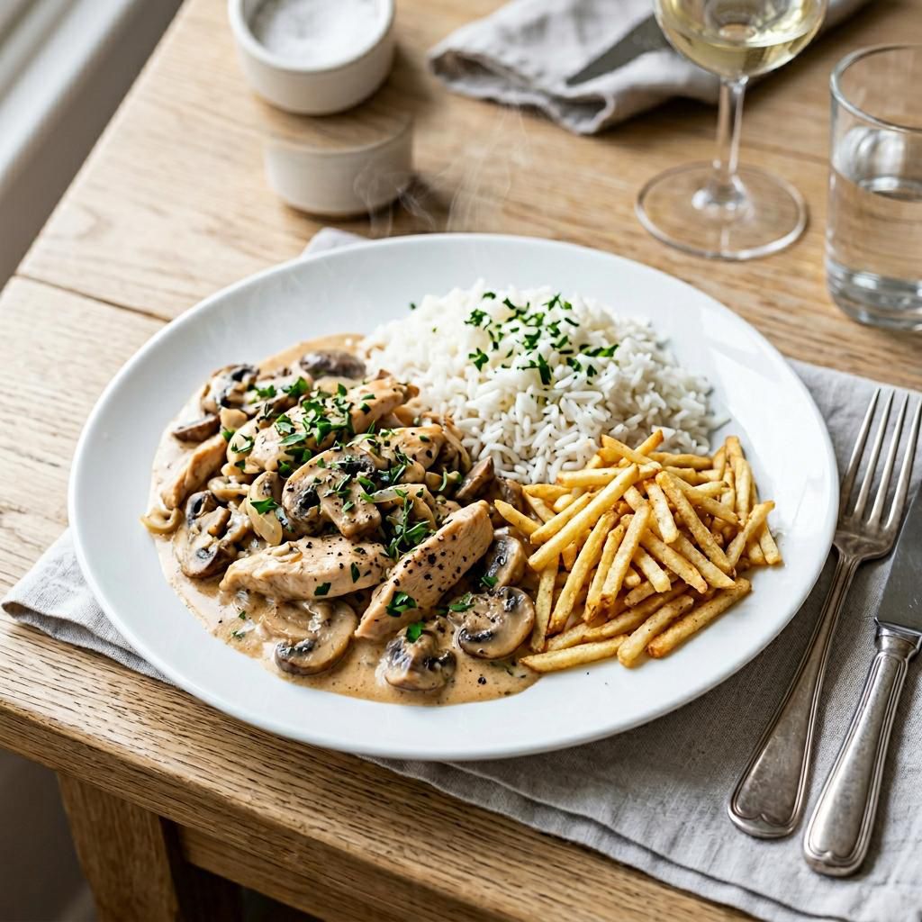 Marmita de strogonoff de frango com arroz e batata palha